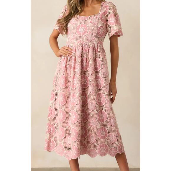 Just Me Embroidered Cutout Floral Lace Midi Tea Dress Formal Party Womens Medium - Picture 1 of 16